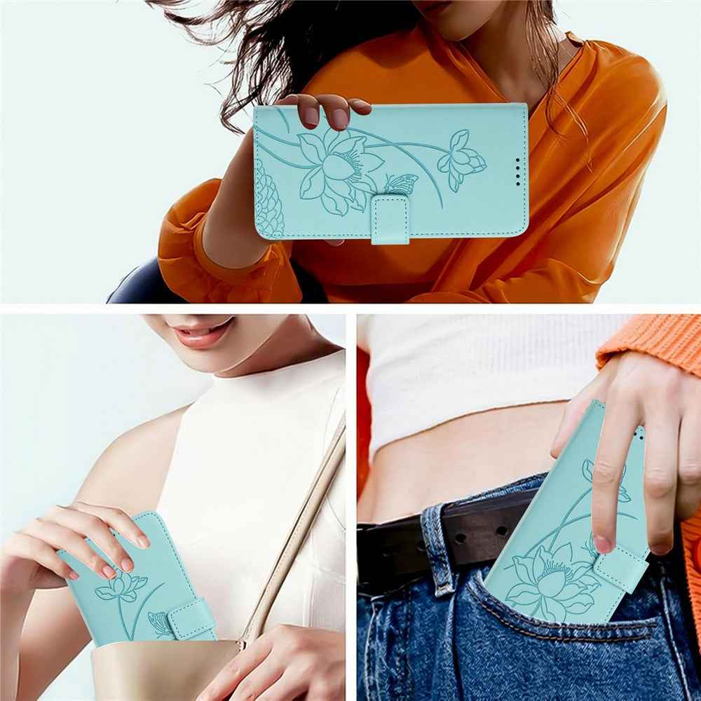 For Samsung Galaxy A57 5G Case Wallet Stand Lotus Imprint Leather Phone Cover with Wrist Strap - Green