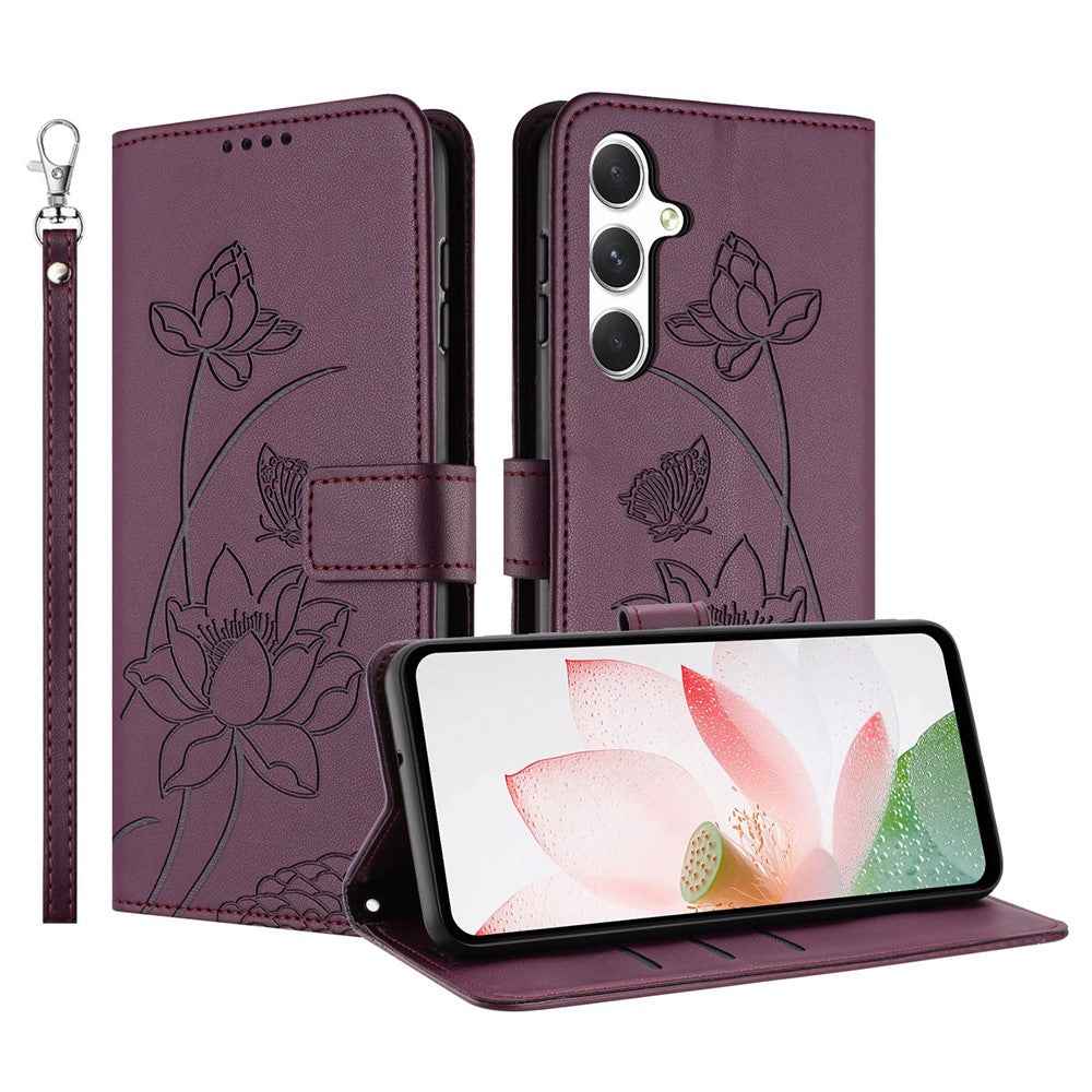 For Samsung Galaxy A57 5G Case Wallet Stand Lotus Imprint Leather Phone Cover with Wrist Strap - Wine Red