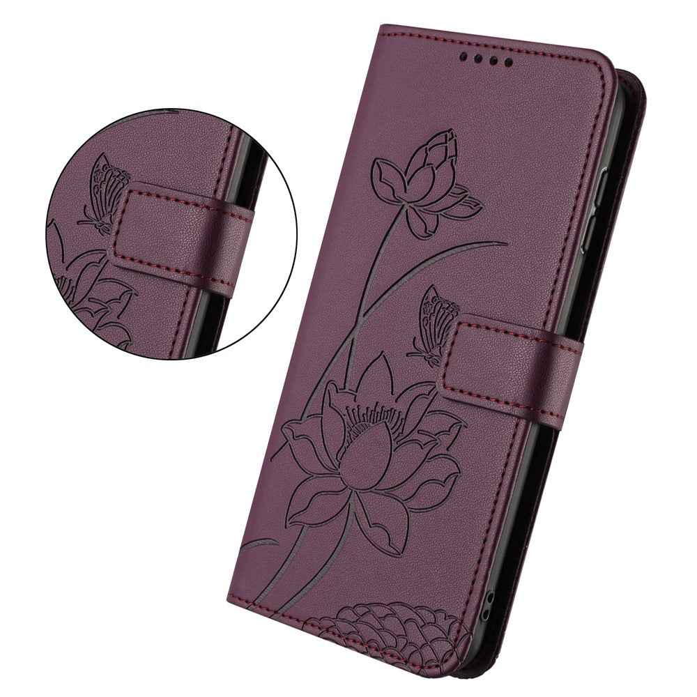 For Samsung Galaxy A57 5G Case Wallet Stand Lotus Imprint Leather Phone Cover with Wrist Strap - Wine Red