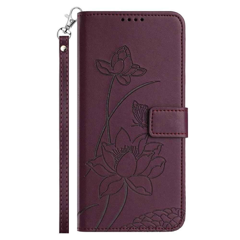 For Samsung Galaxy A57 5G Case Wallet Stand Lotus Imprint Leather Phone Cover with Wrist Strap - Wine Red