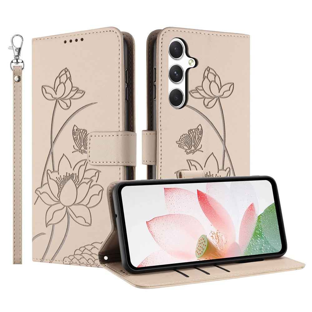 For Samsung Galaxy A57 5G Case Wallet Stand Lotus Imprint Leather Phone Cover with Wrist Strap - Beige