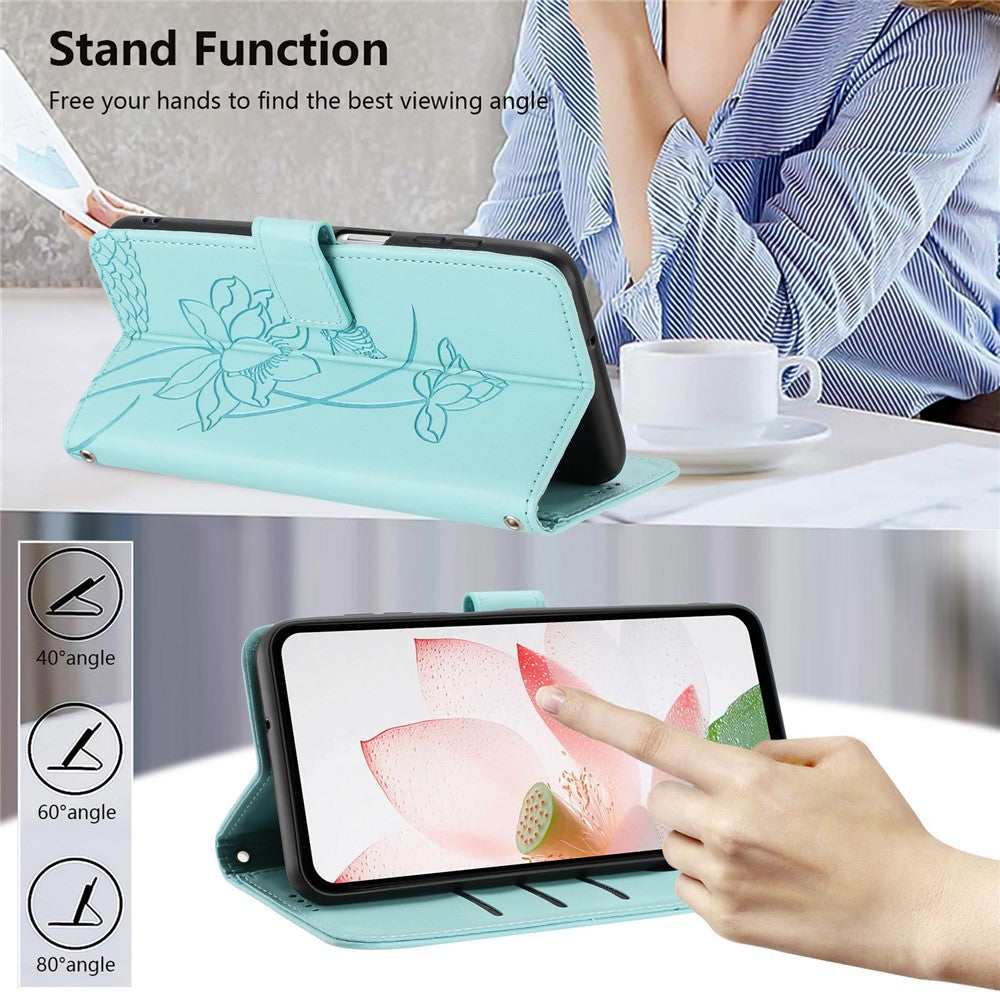 Leather Case For Motorola Moto G67 Power 5G  /  G57 Power 5G  /  G57 5G  /  G100 5G (2025) Wallet Stand Lotus Imprint Phone Cover with Wrist Strap - Green