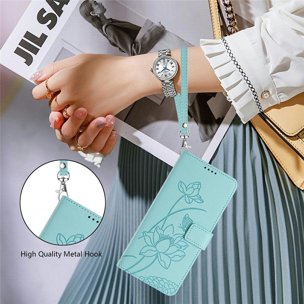 Leather Case For Motorola Moto G67 Power 5G  /  G57 Power 5G  /  G57 5G  /  G100 5G (2025) Wallet Stand Lotus Imprint Phone Cover with Wrist Strap - Green