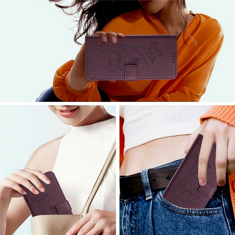 Leather Case For Motorola Moto G67 Power 5G  /  G57 Power 5G  /  G57 5G  /  G100 5G (2025) Wallet Stand Lotus Imprint Phone Cover with Wrist Strap - Wine Red