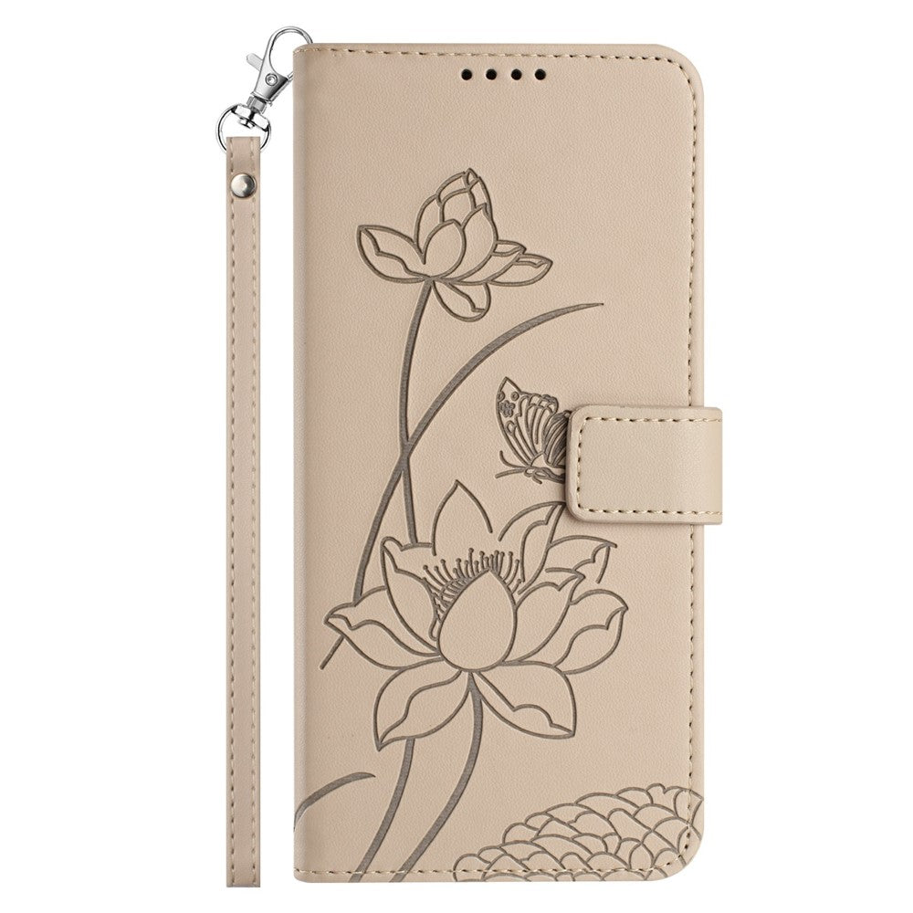 Leather Case For Motorola Moto G67 Power 5G  /  G57 Power 5G  /  G57 5G  /  G100 5G (2025) Wallet Stand Lotus Imprint Phone Cover with Wrist Strap - Beige