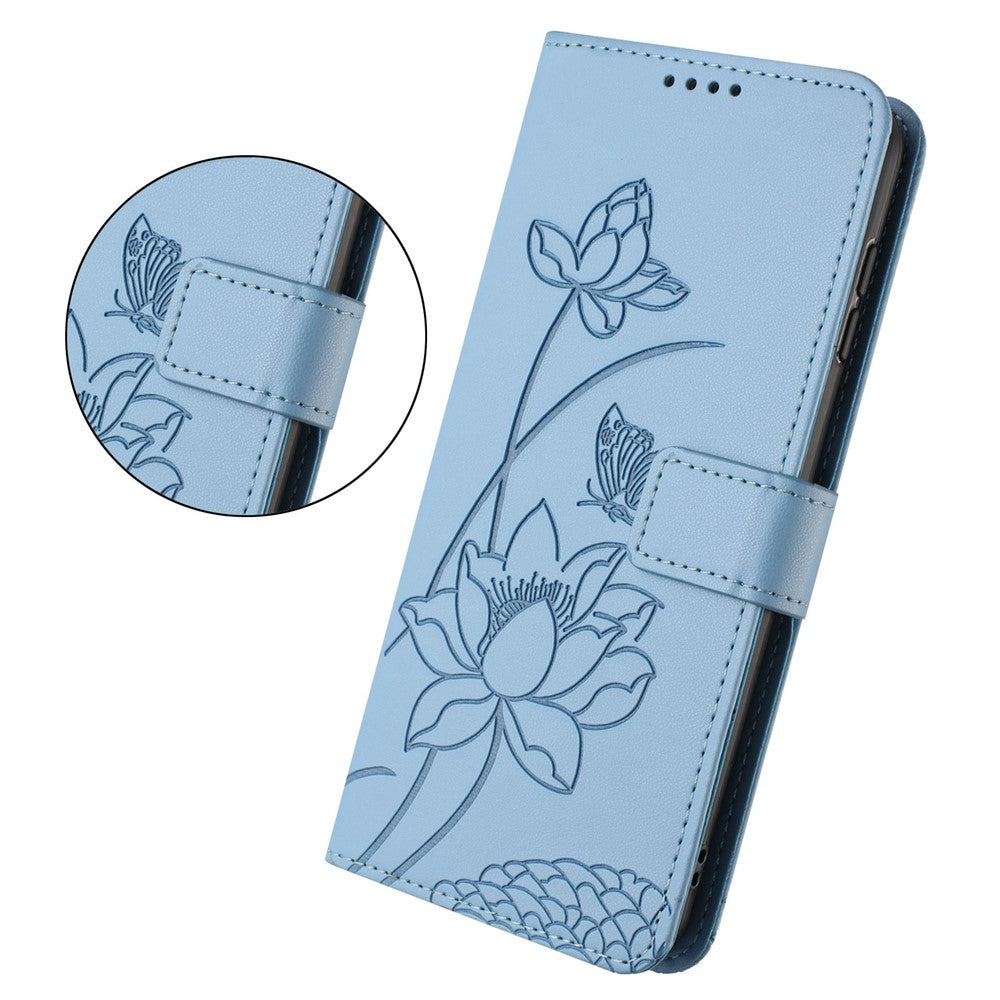 Leather Case For Motorola Moto G67 Power 5G  /  G57 Power 5G  /  G57 5G  /  G100 5G (2025) Wallet Stand Lotus Imprint Phone Cover with Wrist Strap - Blue