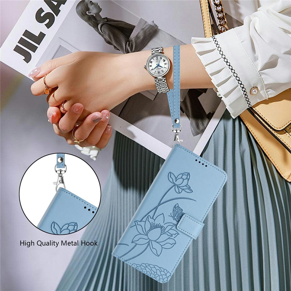 Leather Case For Motorola Moto G67 Power 5G  /  G57 Power 5G  /  G57 5G  /  G100 5G (2025) Wallet Stand Lotus Imprint Phone Cover with Wrist Strap - Blue