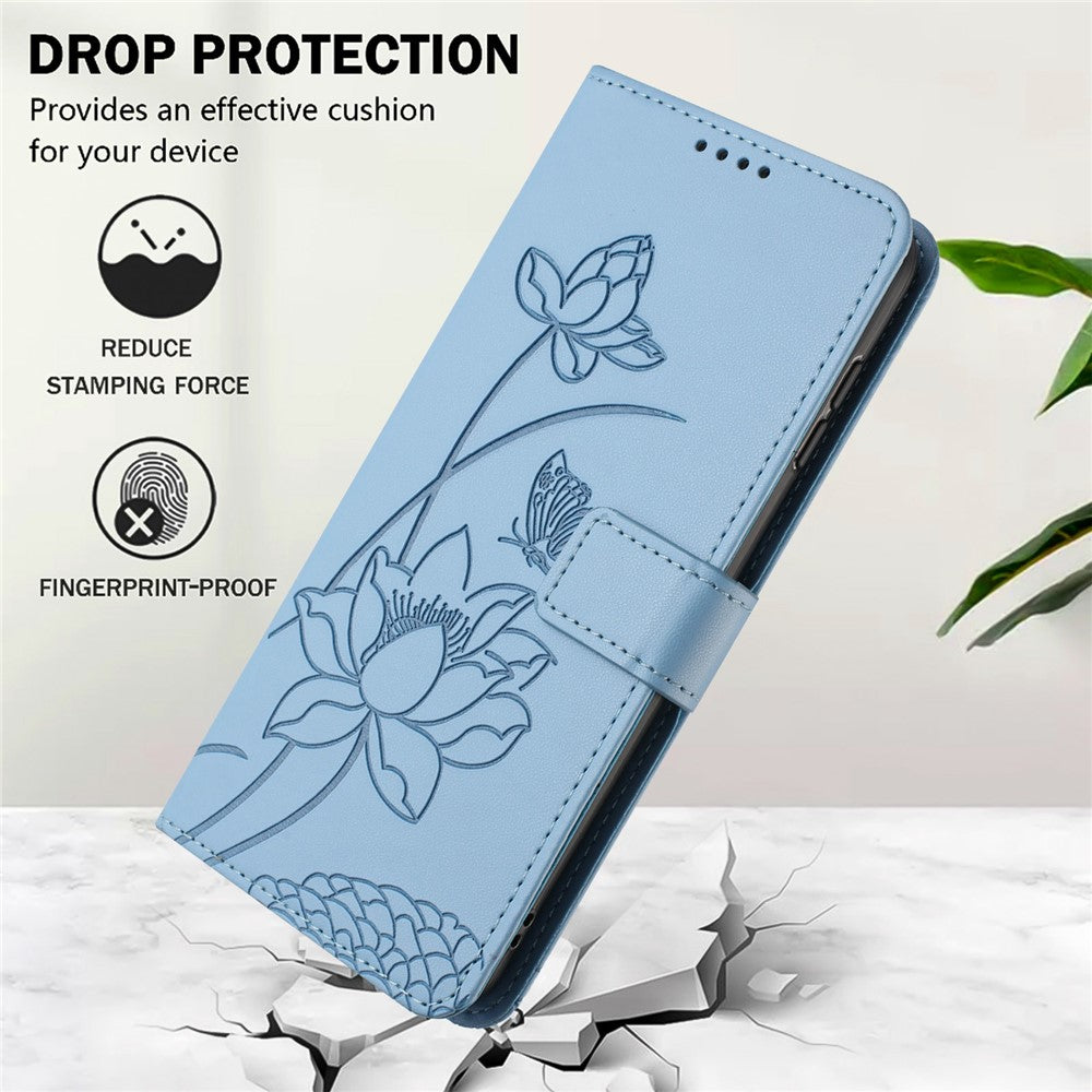 Leather Case For Motorola Moto G67 Power 5G  /  G57 Power 5G  /  G57 5G  /  G100 5G (2025) Wallet Stand Lotus Imprint Phone Cover with Wrist Strap - Blue