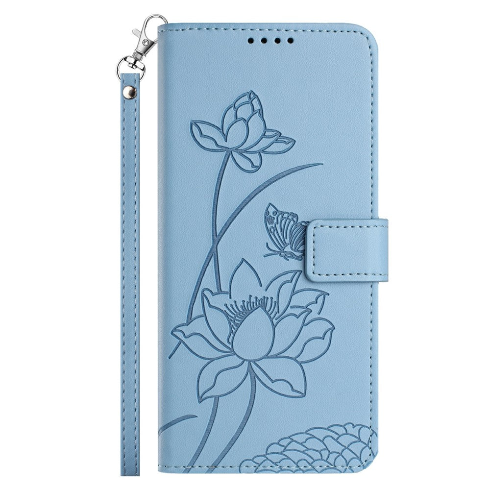 Leather Case For Motorola Moto G67 Power 5G  /  G57 Power 5G  /  G57 5G  /  G100 5G (2025) Wallet Stand Lotus Imprint Phone Cover with Wrist Strap - Blue