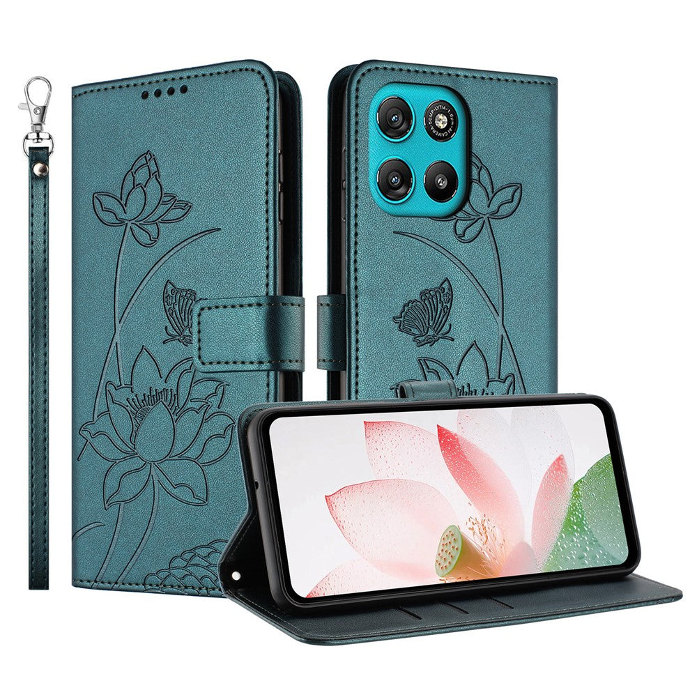 Leather Case For Motorola Moto G67 Power 5G  /  G57 Power 5G  /  G57 5G  /  G100 5G (2025) Wallet Stand Lotus Imprint Phone Cover with Wrist Strap - Dark Green