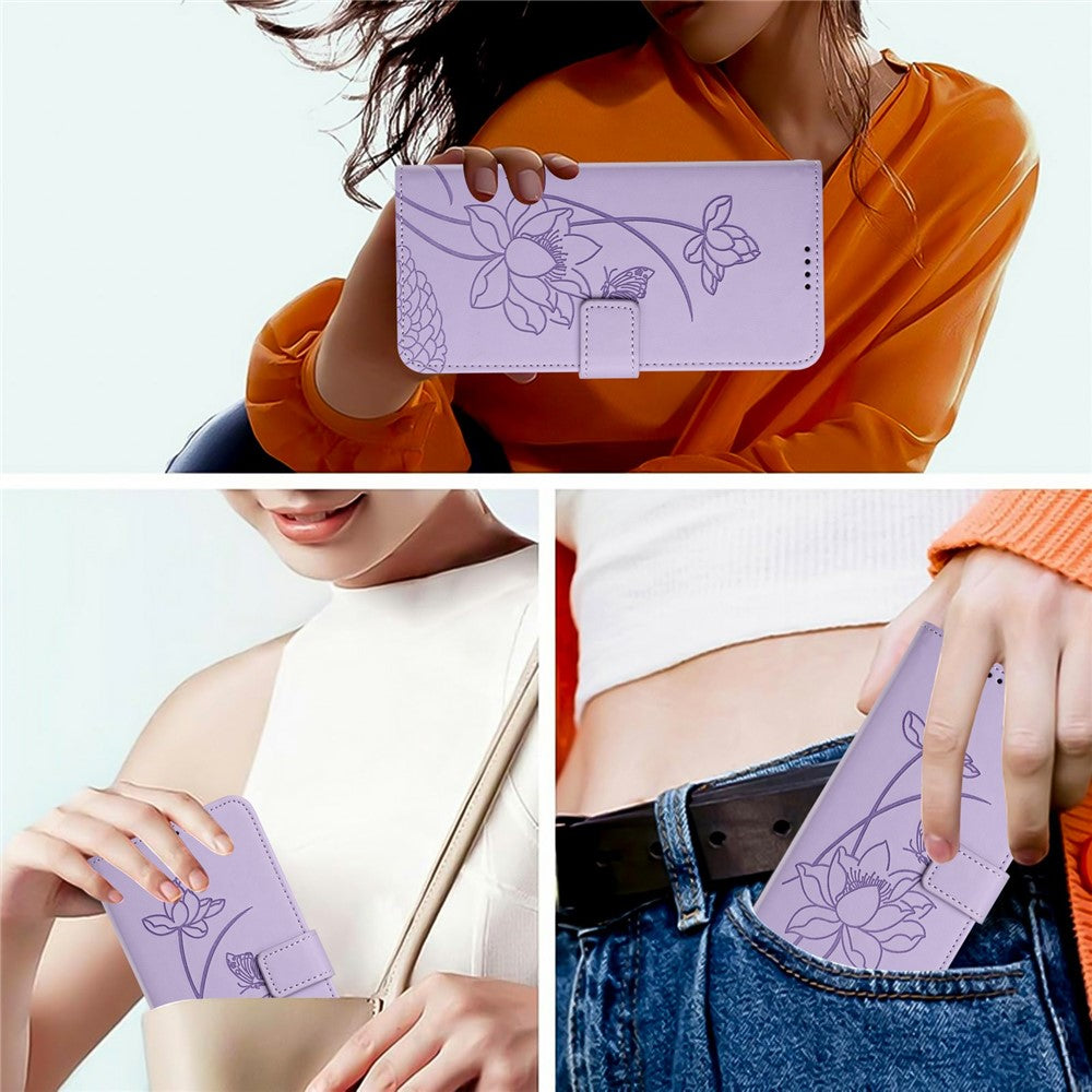 Leather Case For Motorola Moto G67 Power 5G  /  G57 Power 5G  /  G57 5G  /  G100 5G (2025) Wallet Stand Lotus Imprint Phone Cover with Wrist Strap - Purple