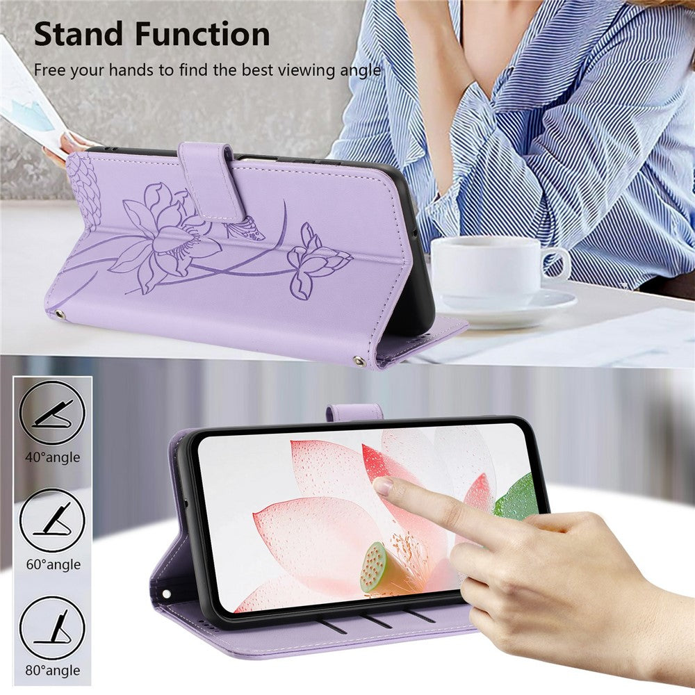 For Motorola Edge 70 5G Case Wallet Stand Lotus Imprint Leather Phone Cover with Wrist Strap - Purple