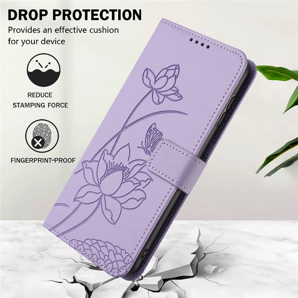 For Motorola Edge 70 5G Case Wallet Stand Lotus Imprint Leather Phone Cover with Wrist Strap - Purple