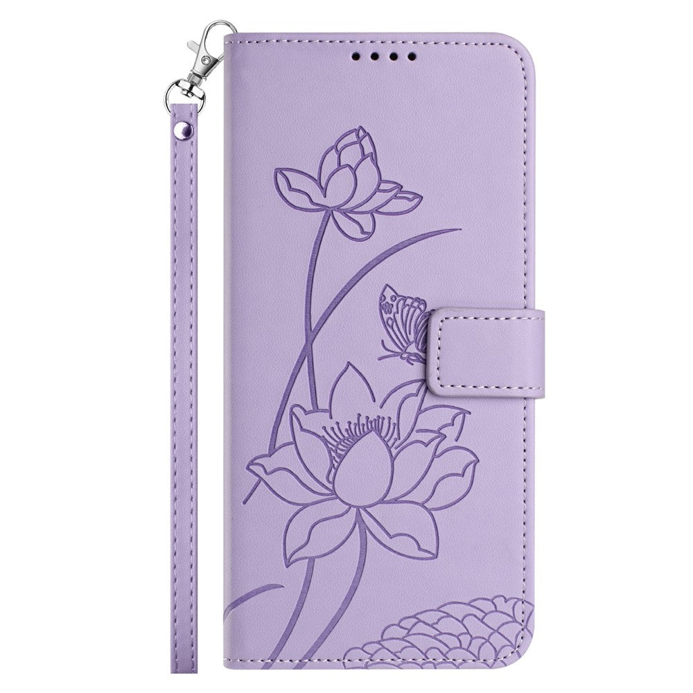 For Motorola Edge 70 5G Case Wallet Stand Lotus Imprint Leather Phone Cover with Wrist Strap - Purple
