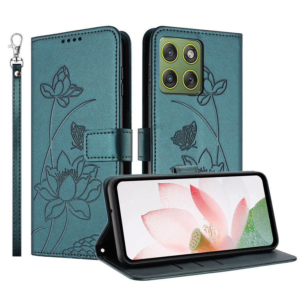 For Motorola Edge 70 5G Case Wallet Stand Lotus Imprint Leather Phone Cover with Wrist Strap - Dark Green