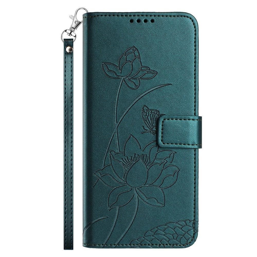 For Motorola Edge 70 5G Case Wallet Stand Lotus Imprint Leather Phone Cover with Wrist Strap - Dark Green