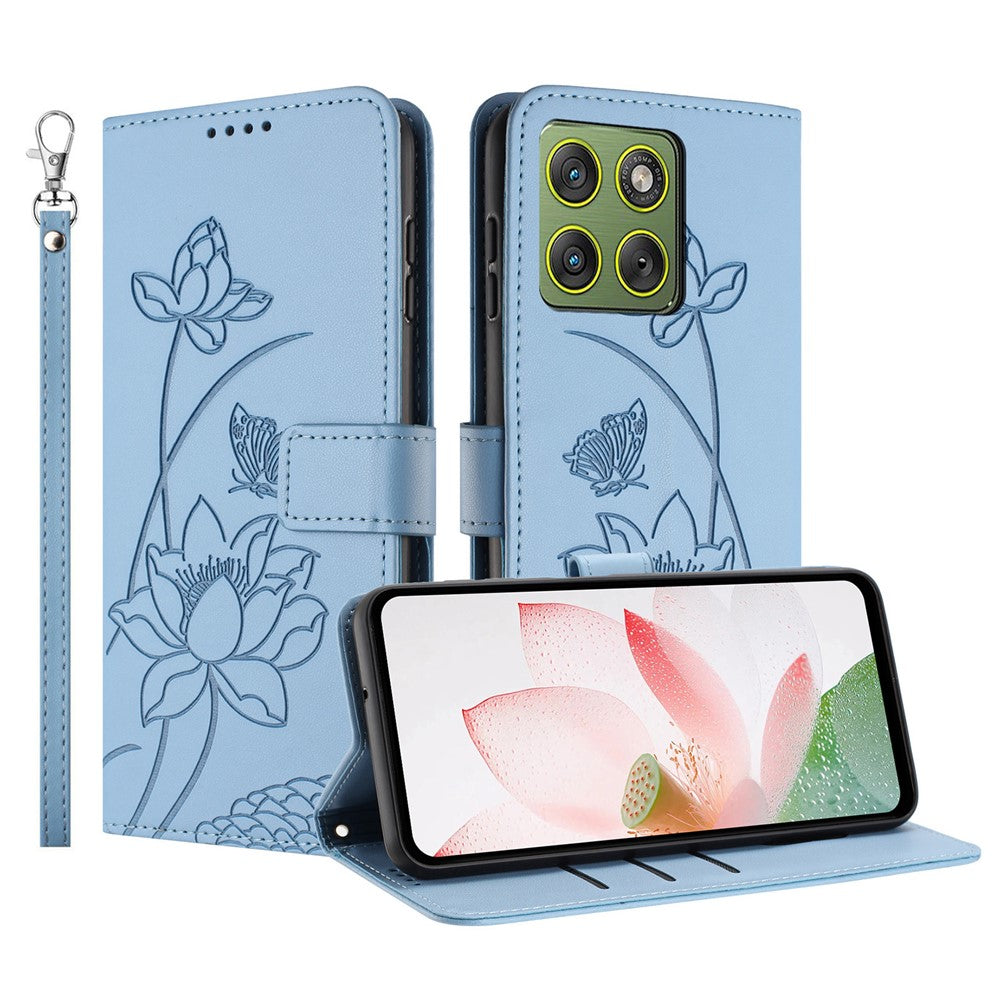 For Motorola Edge 70 5G Case Wallet Stand Lotus Imprint Leather Phone Cover with Wrist Strap - Blue
