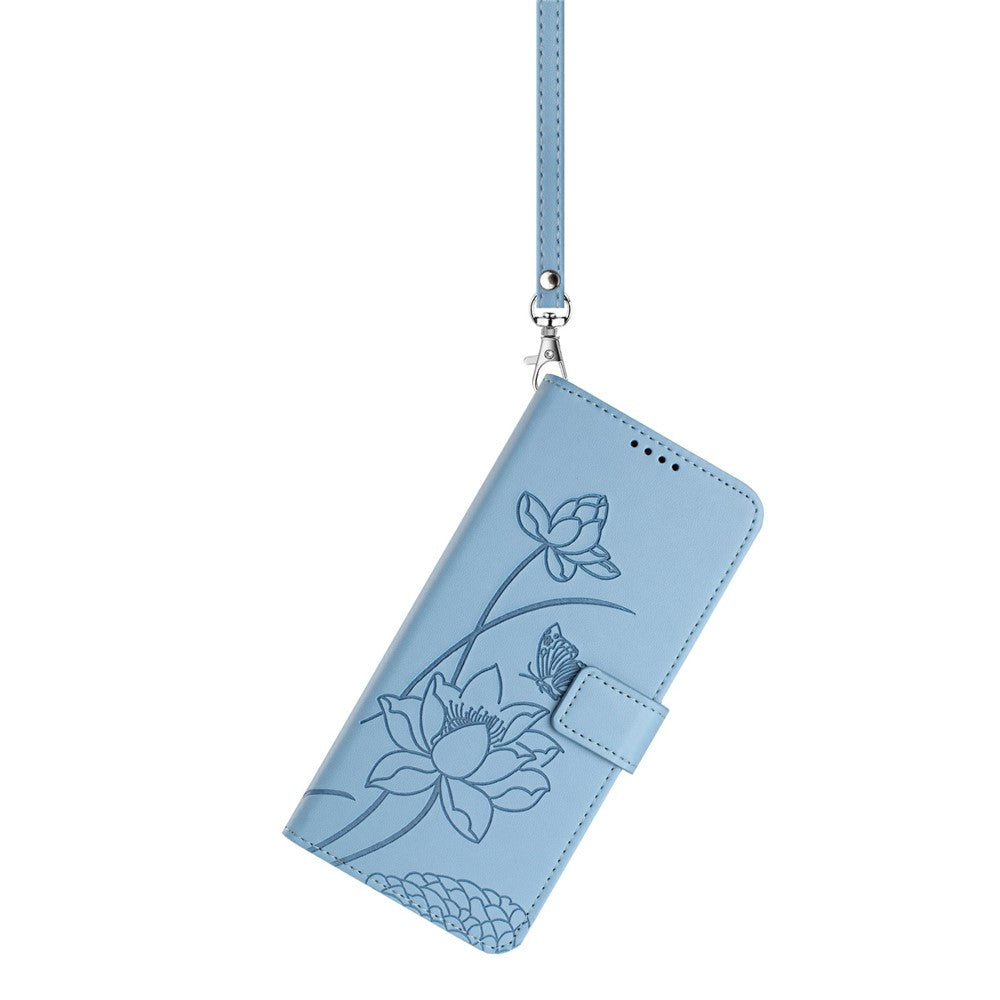 For Motorola Edge 70 5G Case Wallet Stand Lotus Imprint Leather Phone Cover with Wrist Strap - Blue