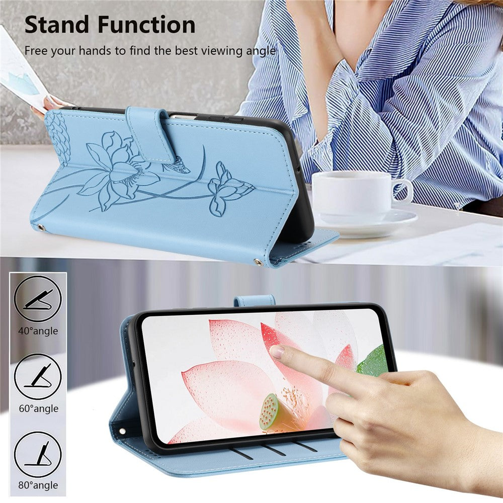 For Motorola Edge 70 5G Case Wallet Stand Lotus Imprint Leather Phone Cover with Wrist Strap - Blue