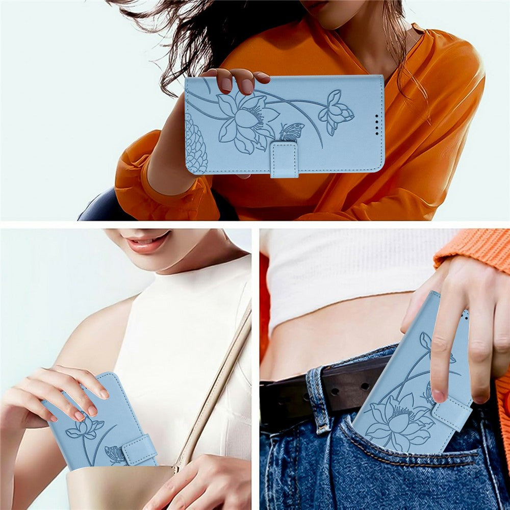 For Motorola Edge 70 5G Case Wallet Stand Lotus Imprint Leather Phone Cover with Wrist Strap - Blue