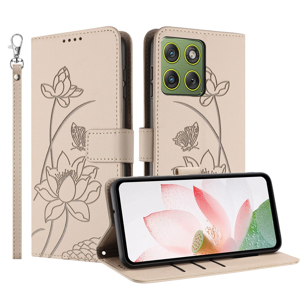 For Motorola Edge 70 5G Case Wallet Stand Lotus Imprint Leather Phone Cover with Wrist Strap - Beige