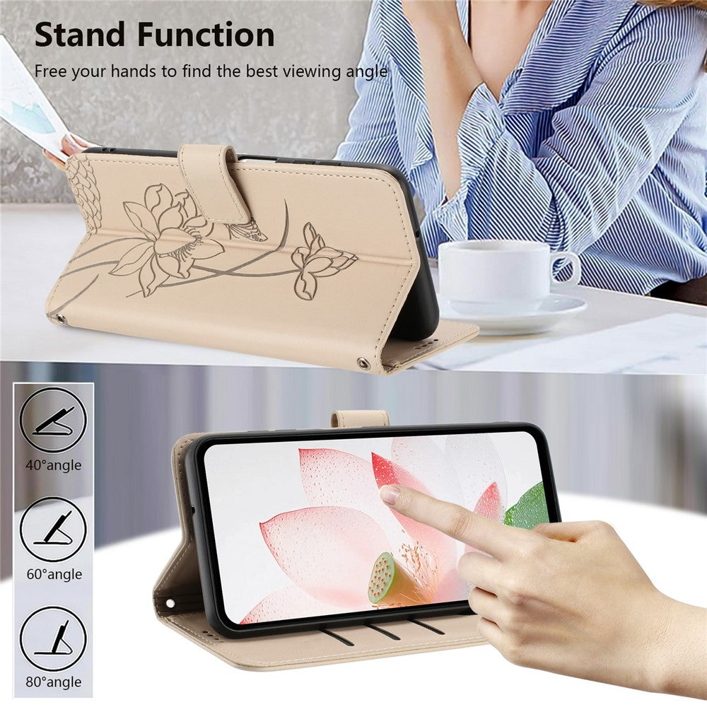 For Motorola Edge 70 5G Case Wallet Stand Lotus Imprint Leather Phone Cover with Wrist Strap - Beige