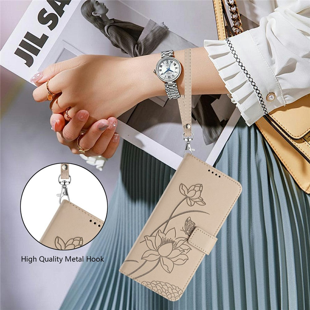 For Motorola Edge 70 5G Case Wallet Stand Lotus Imprint Leather Phone Cover with Wrist Strap - Beige