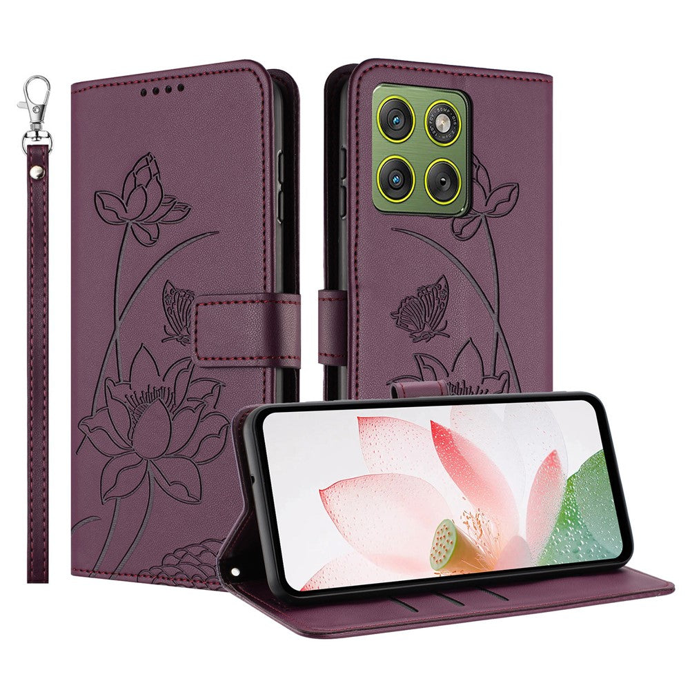 For Motorola Edge 70 5G Case Wallet Stand Lotus Imprint Leather Phone Cover with Wrist Strap - Wine Red