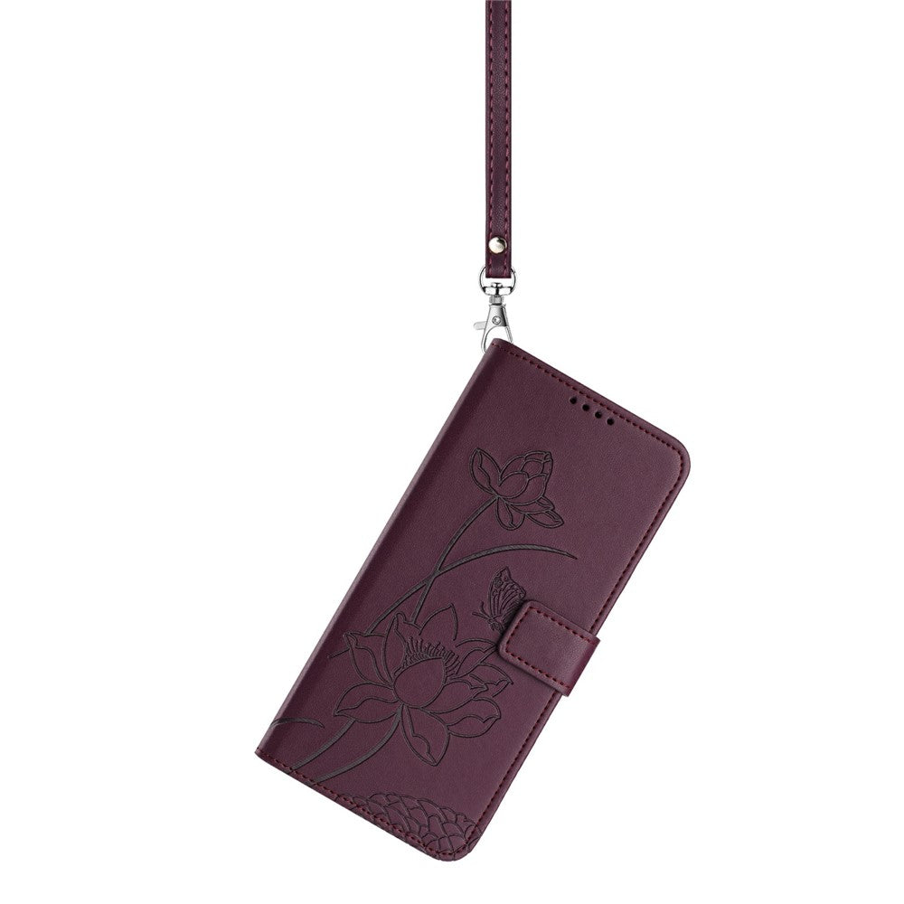 For Motorola Edge 70 5G Case Wallet Stand Lotus Imprint Leather Phone Cover with Wrist Strap - Wine Red