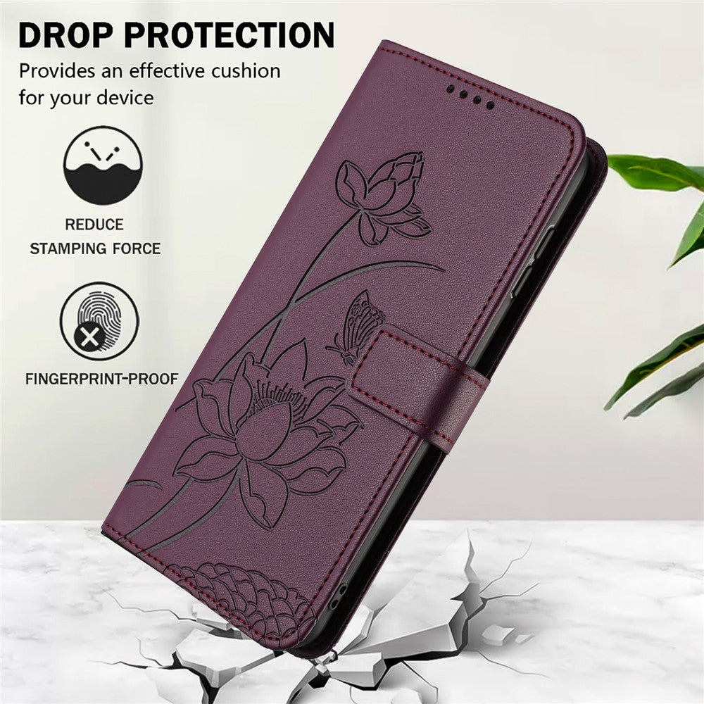 For Motorola Edge 70 5G Case Wallet Stand Lotus Imprint Leather Phone Cover with Wrist Strap - Wine Red