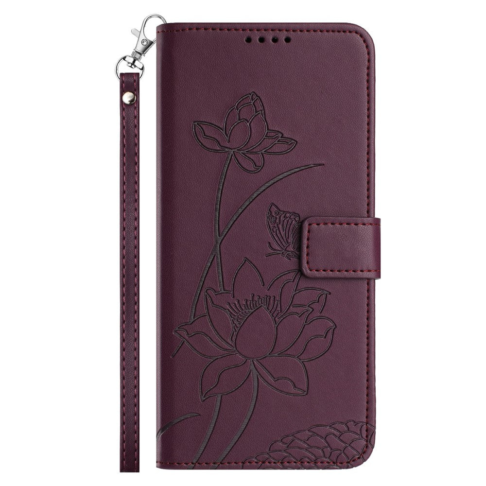 For Motorola Edge 70 5G Case Wallet Stand Lotus Imprint Leather Phone Cover with Wrist Strap - Wine Red