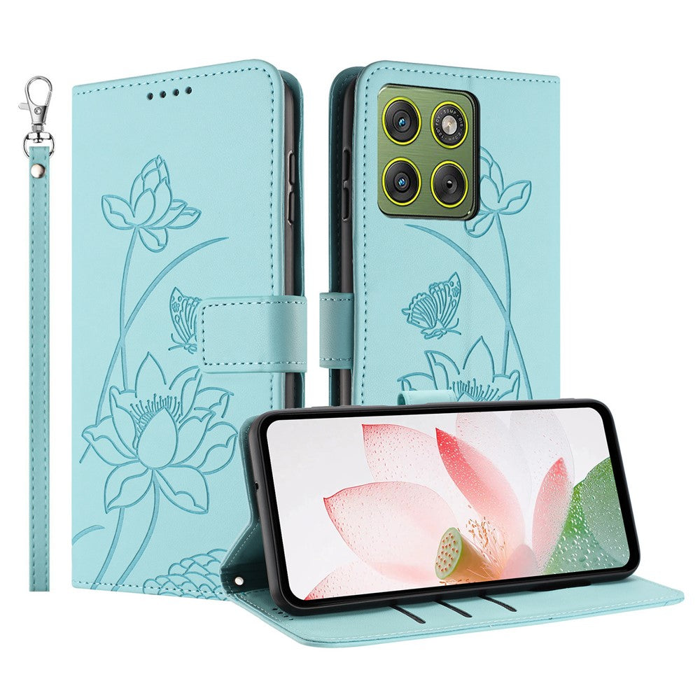 For Motorola Edge 70 5G Case Wallet Stand Lotus Imprint Leather Phone Cover with Wrist Strap - Green