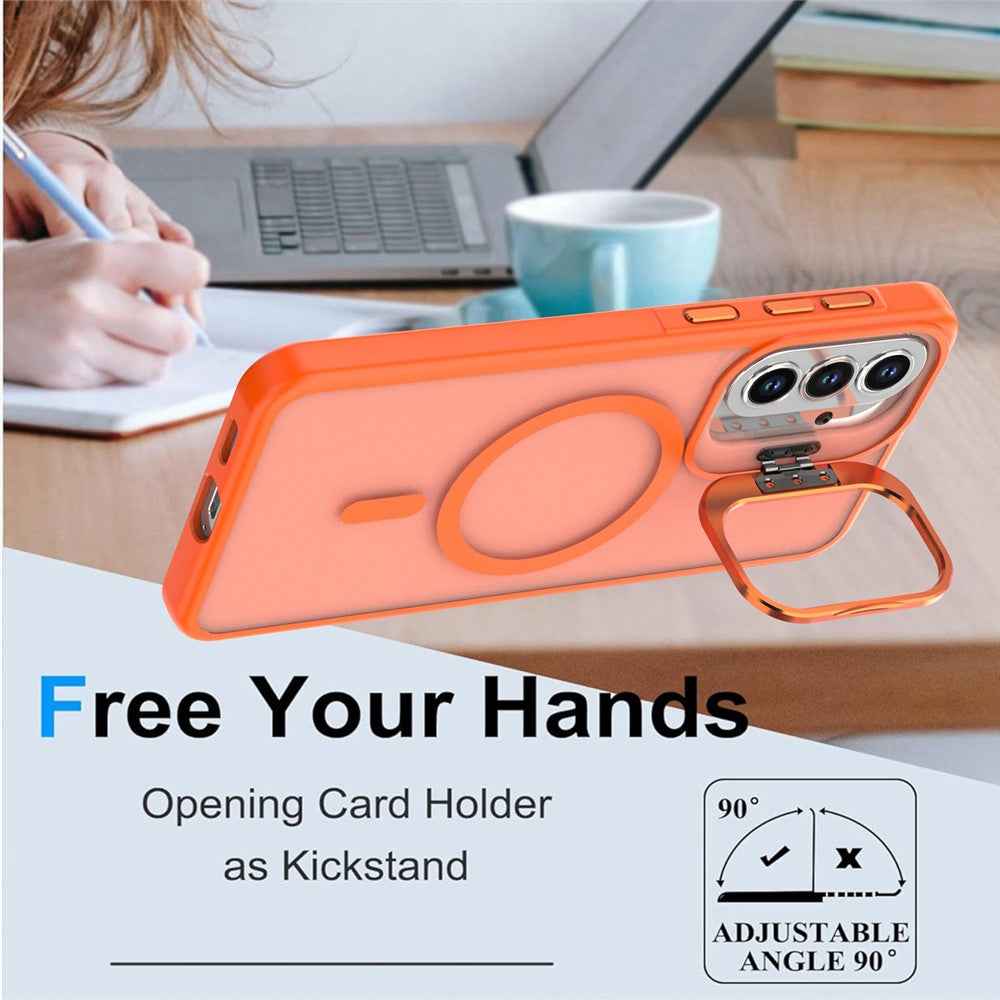 For Samsung Galaxy A57 5G Magnetic Case Foldable Kickstand Matte PC + TPU Phone Cover - Orange