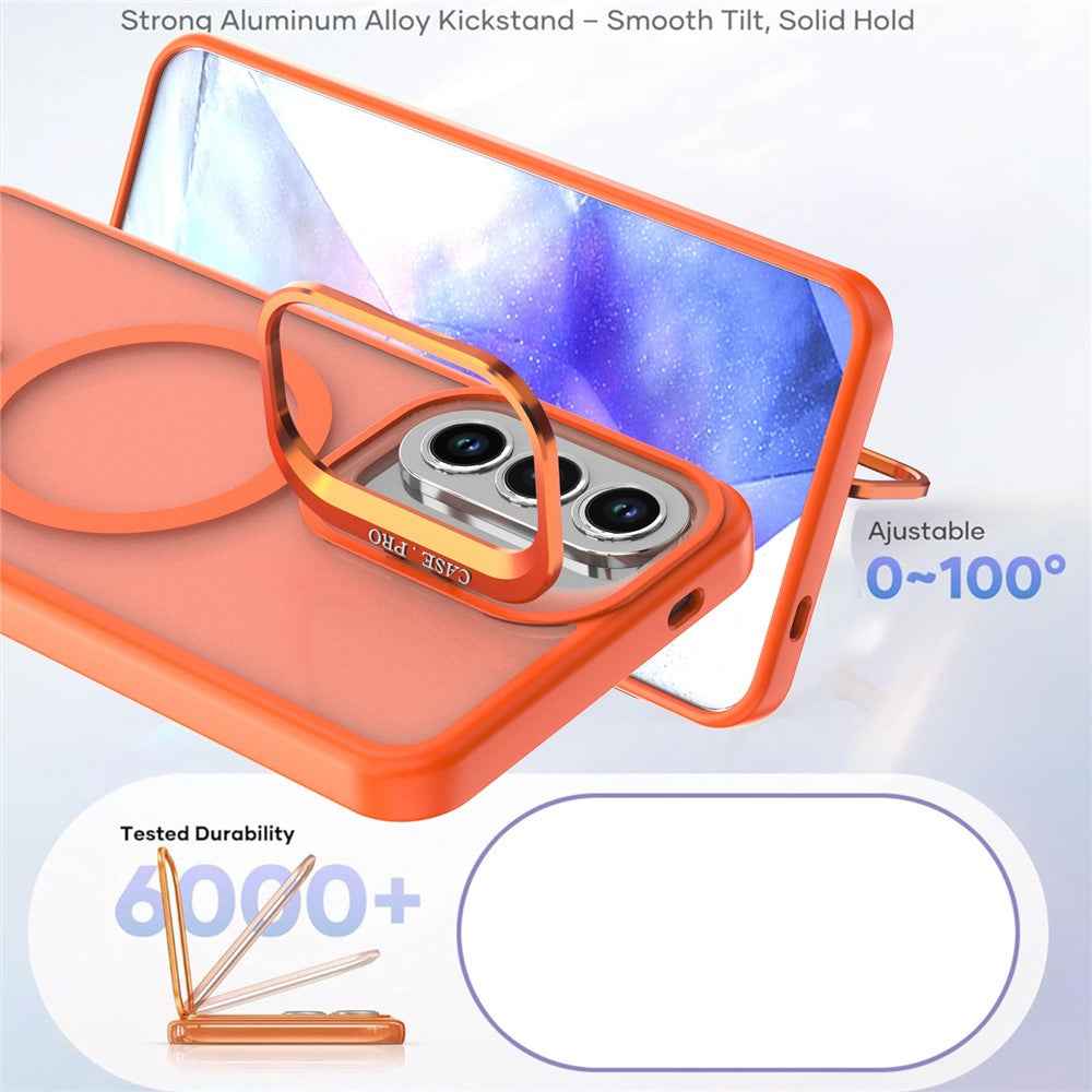 For Samsung Galaxy A57 5G Magnetic Case Foldable Kickstand Matte PC + TPU Phone Cover - Orange