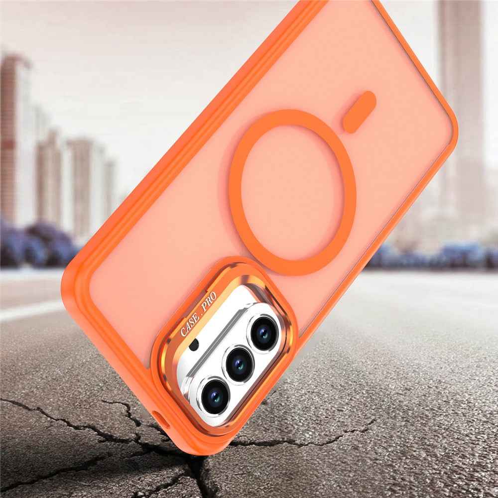 For Samsung Galaxy A57 5G Magnetic Case Foldable Kickstand Matte PC + TPU Phone Cover - Orange