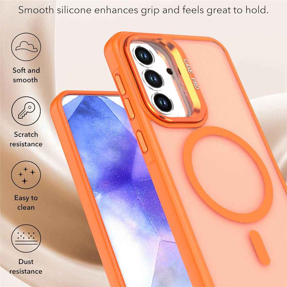 For Samsung Galaxy A57 5G Magnetic Case Foldable Kickstand Matte PC + TPU Phone Cover - Orange
