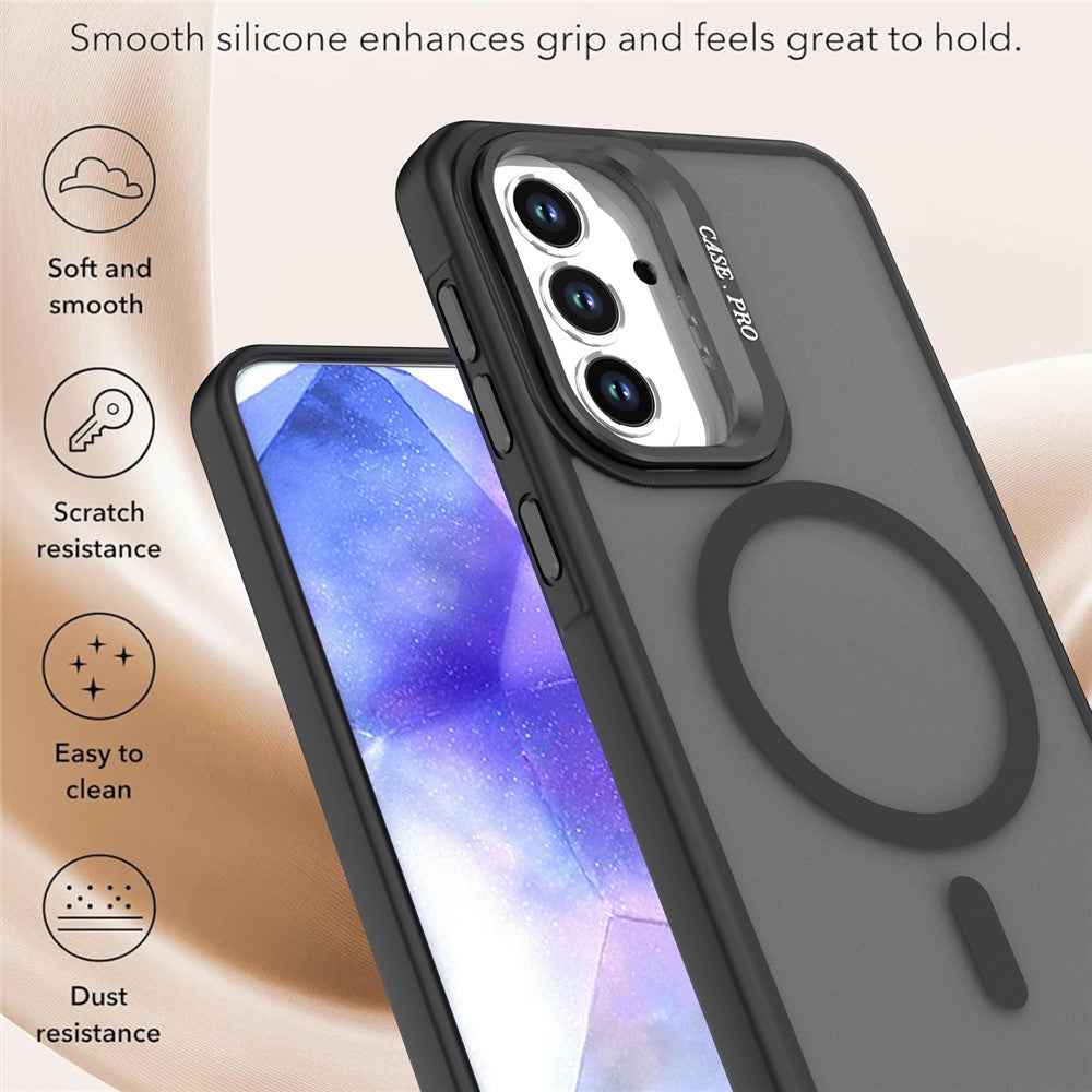 For Samsung Galaxy A57 5G Magnetic Case Foldable Kickstand Matte PC + TPU Phone Cover - Black