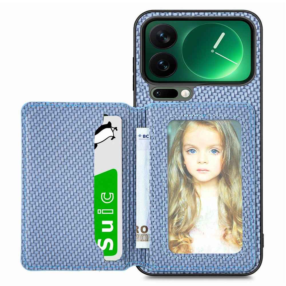 For Xiaomi 17 Pro Case RFID Blocking Carbon Fiber Leather Phone Back Cover with Card Holder - Blue