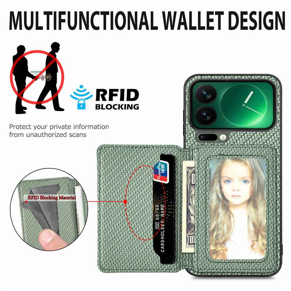 For Xiaomi 17 Pro Case RFID Blocking Carbon Fiber Leather Phone Back Cover with Card Holder - Blue