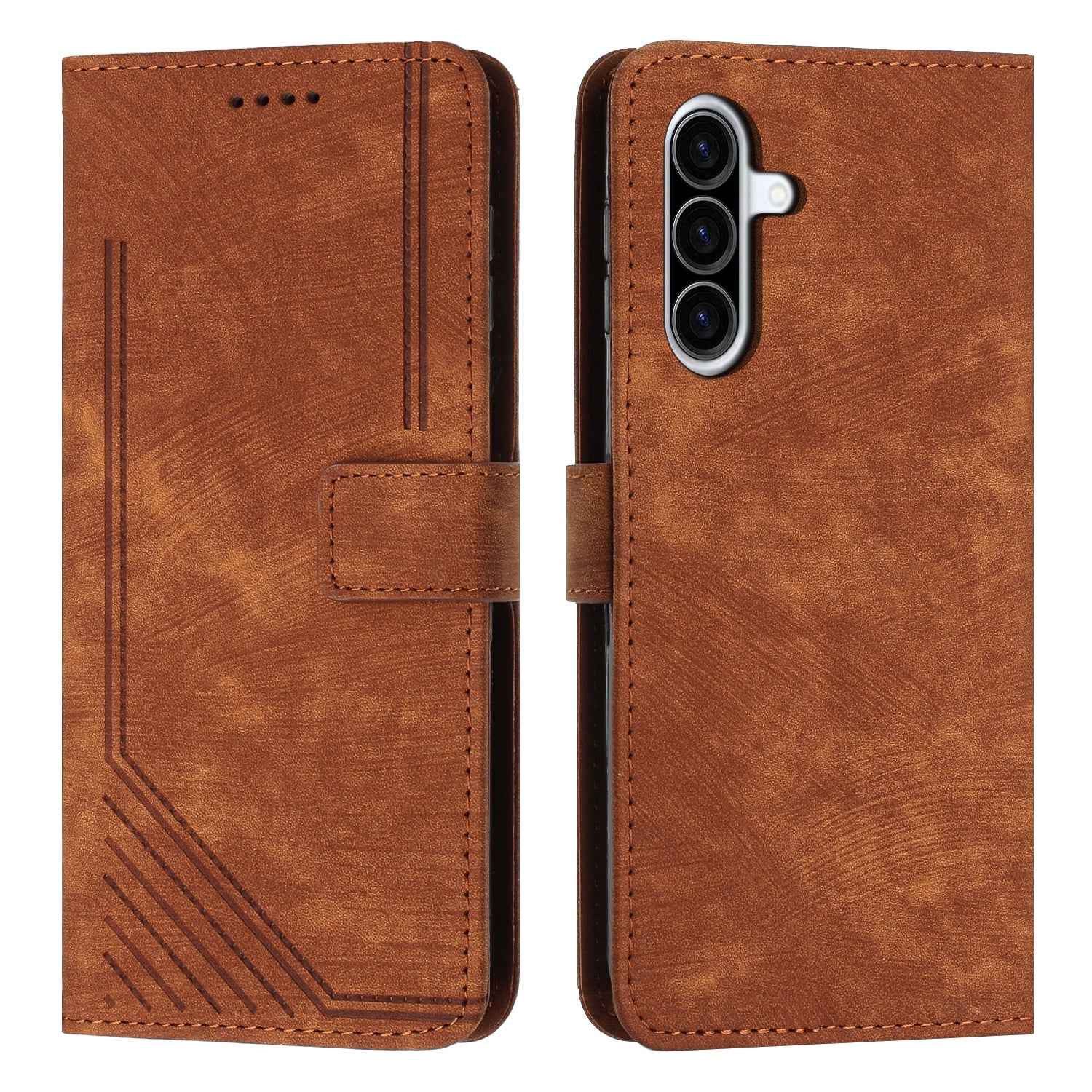For Samsung Galaxy A57 5G Stand Case Imprinted Lines Leather Phone Cover - Brown