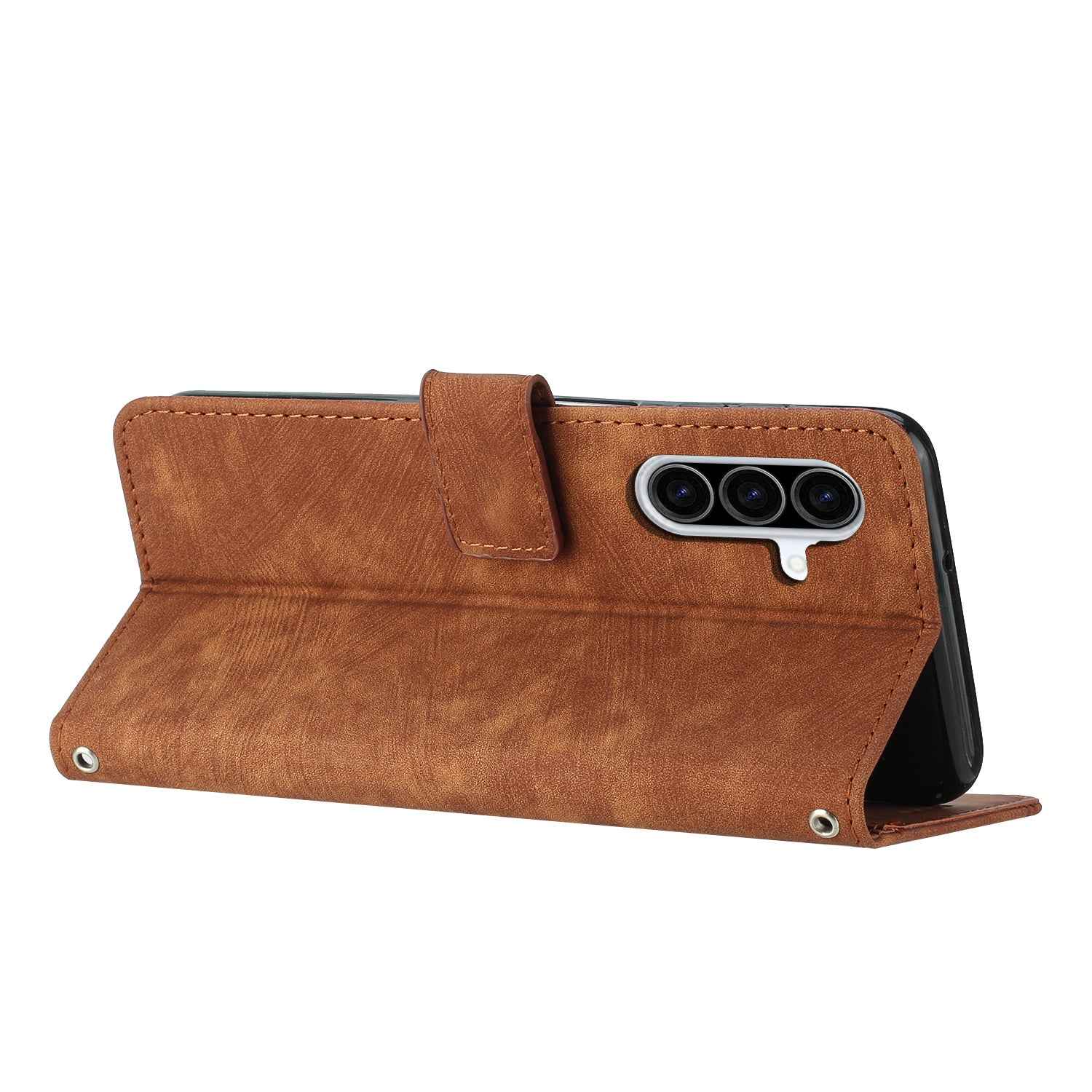 For Samsung Galaxy A57 5G Stand Case Imprinted Lines Leather Phone Cover - Brown