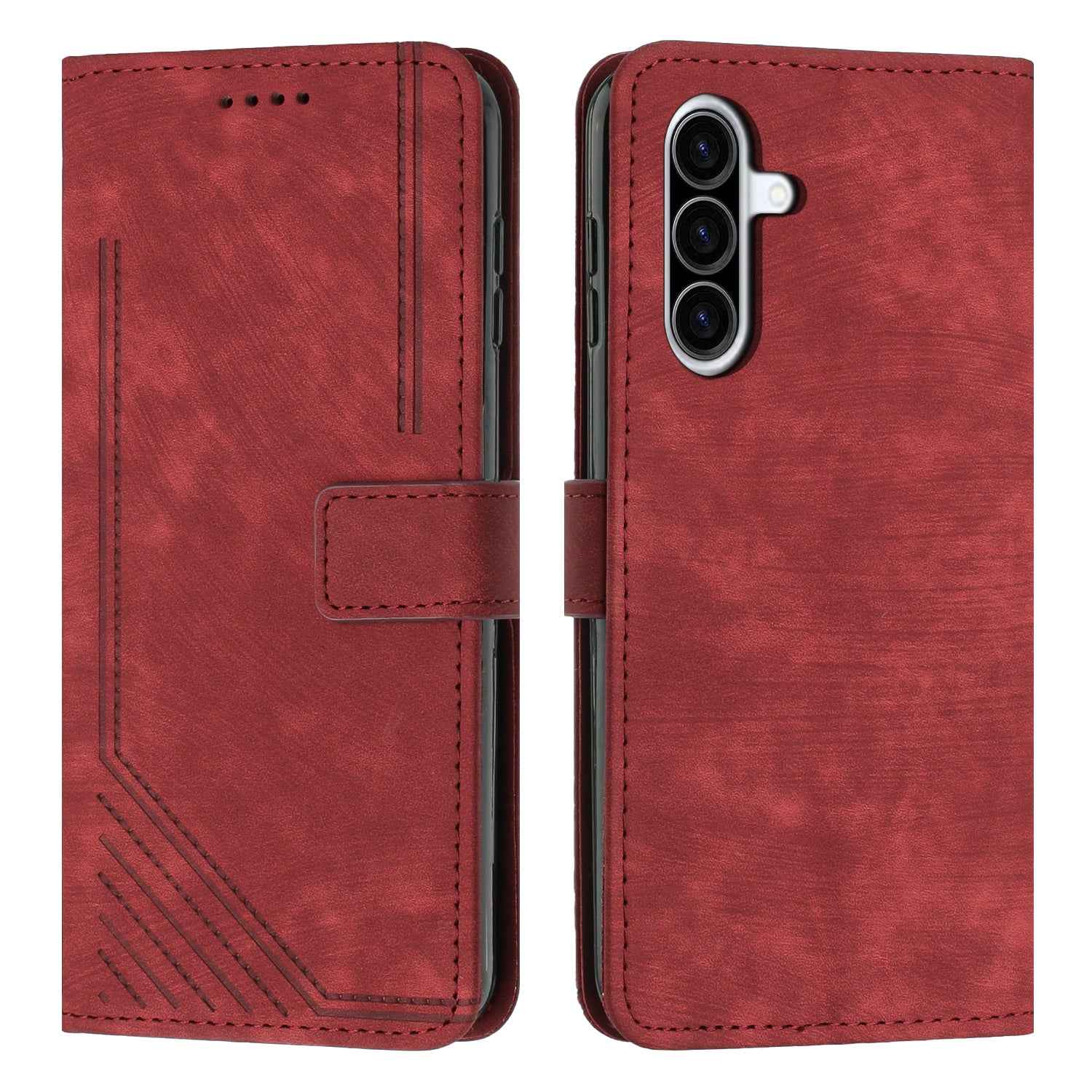 For Samsung Galaxy A57 5G Stand Case Imprinted Lines Leather Phone Cover - Red