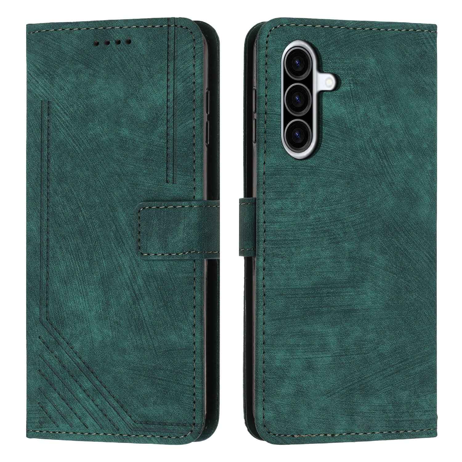 For Samsung Galaxy A57 5G Stand Case Imprinted Lines Leather Phone Cover - Green