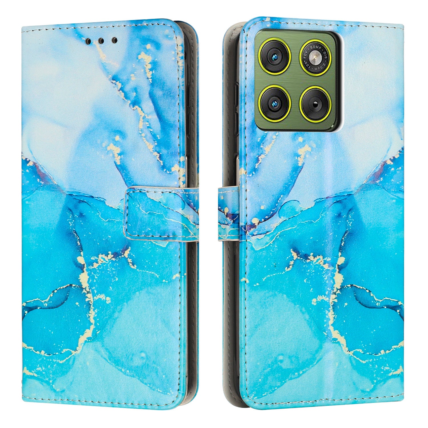 For Motorola Edge 70 5G Stand Case Marble Pattern PU Leather Wallet Phone Cover - Blue / Green