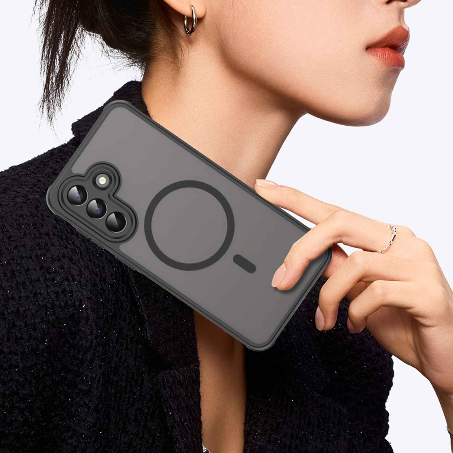 For Samsung Galaxy A57 5G Magnetic Case with Screen Film WANLONFENG FD Series Skin Touch TPU + PC Phone Back Cover - Black