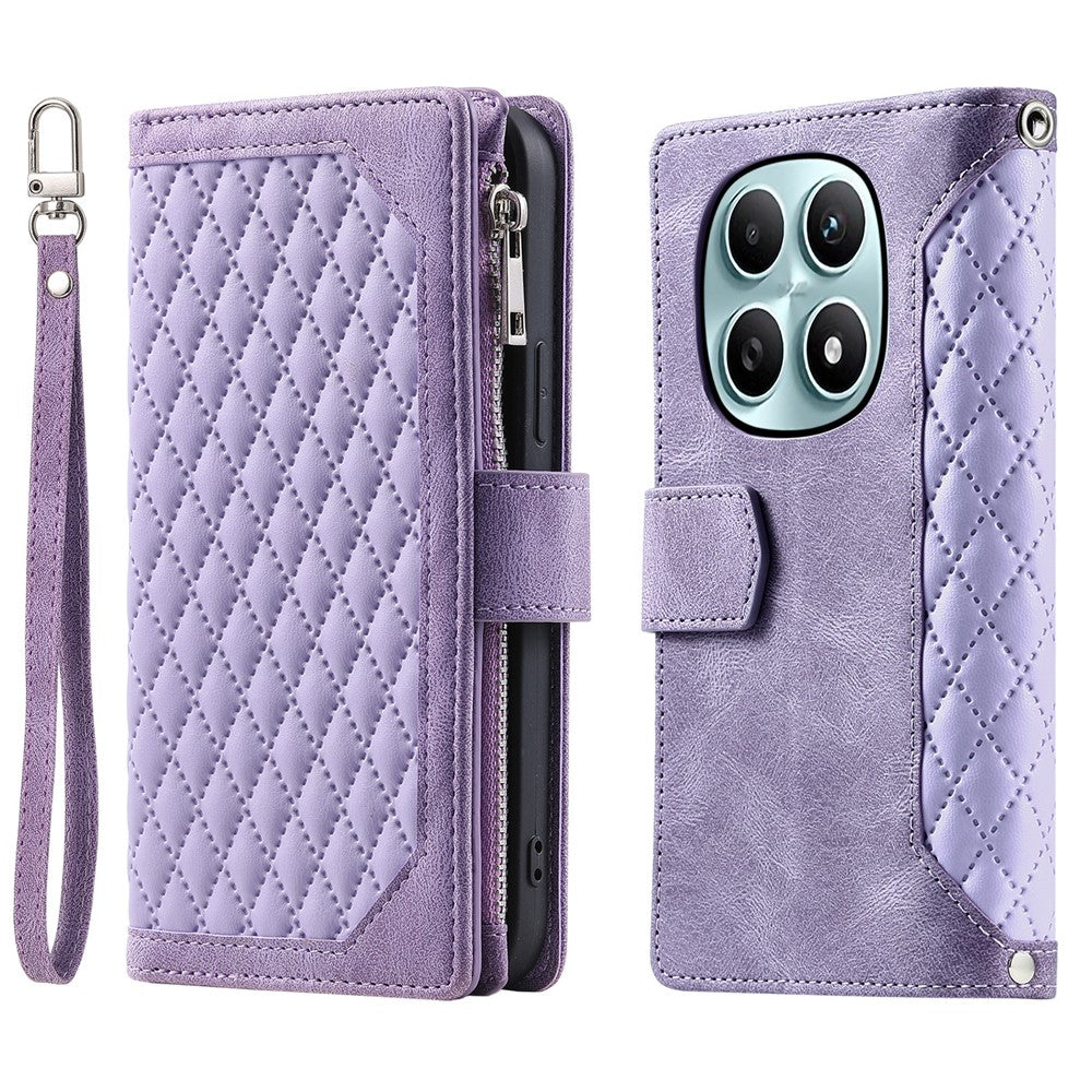 For Xiaomi Redmi Note 15 4G (Global) Wallet Case Rhombus Stitching Line PU Leather Phone Cover with Wrist Strap - Purple