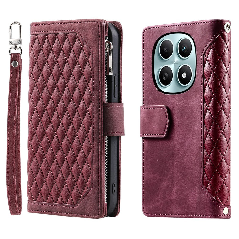 For Xiaomi Redmi Note 15 4G (Global) Wallet Case Rhombus Stitching Line PU Leather Phone Cover with Wrist Strap - Wine Red