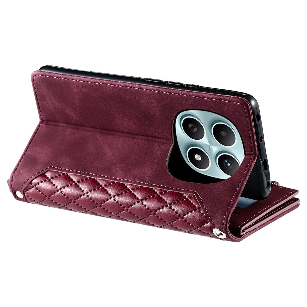 For Xiaomi Redmi Note 15 4G (Global) Wallet Case Rhombus Stitching Line PU Leather Phone Cover with Wrist Strap - Wine Red