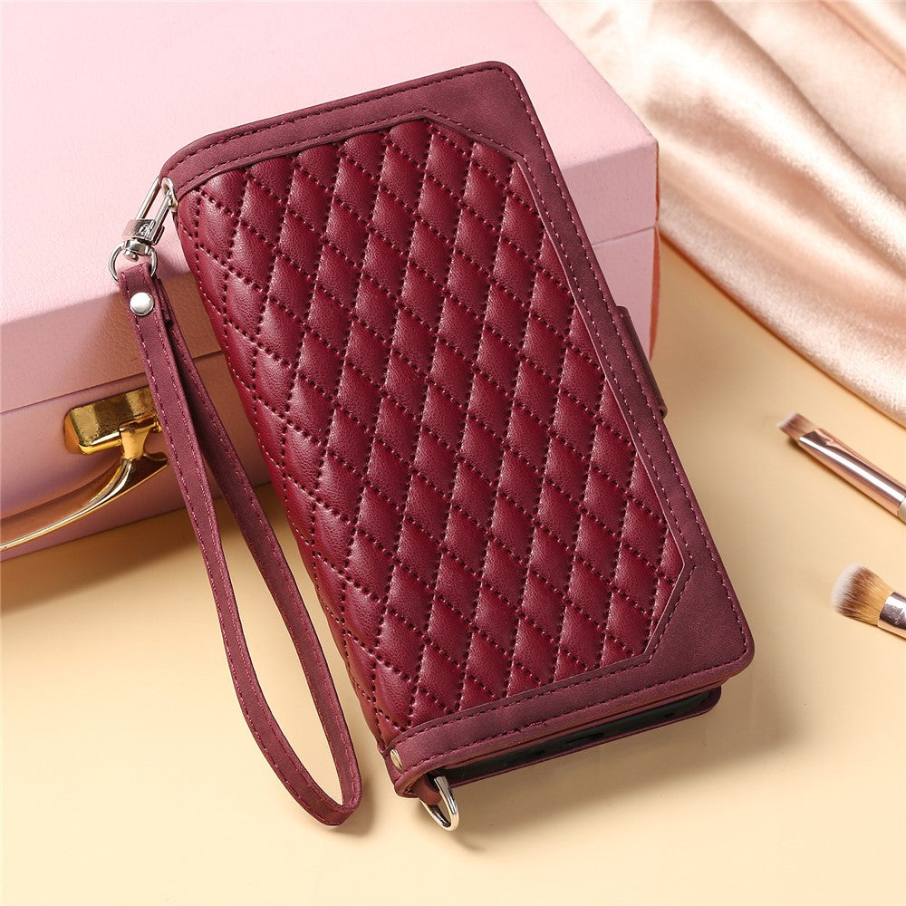 For Xiaomi Redmi Note 15 4G (Global) Wallet Case Rhombus Stitching Line PU Leather Phone Cover with Wrist Strap - Wine Red