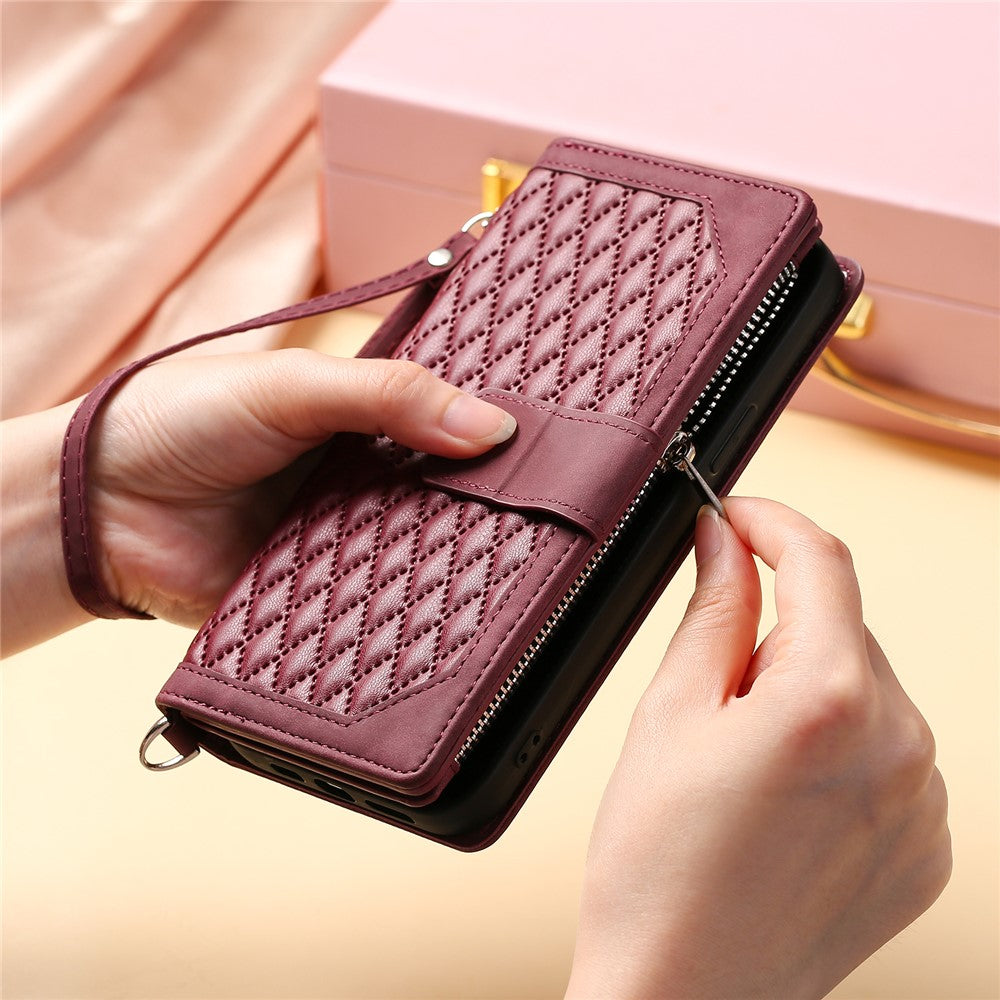 For Xiaomi Redmi Note 15 4G (Global) Wallet Case Rhombus Stitching Line PU Leather Phone Cover with Wrist Strap - Wine Red